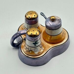 SP79-Vtg Lusterware Condiment Set Salt and Pepper w/Spoon Japan Floral shakers